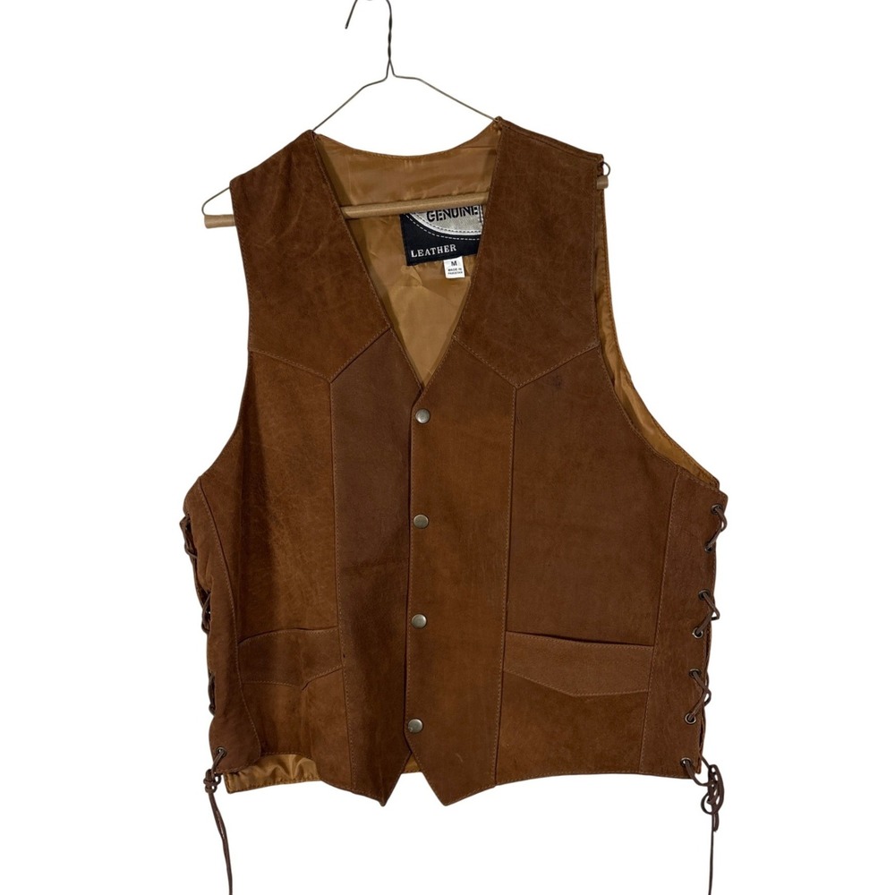 Genuine Leather Western Biker Vest Brown Lace Up Side Snap Front Mens Medium